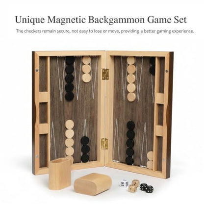 Plusvivo 13" Wooden Backgammon Set - Premium Beech Wood Foldable Board Game for Adults and Kids - Portable Strategy Game with 30 Magnetic Pieces and 2 Wooden Dice Shakers