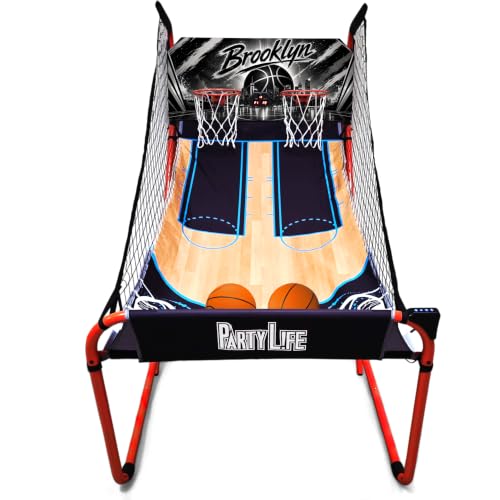 PartyLife 2-Player Basketball Arcade Game w/Optional LED Lights | Electronic Scoring | 5 Balls, 1 Pump, 8 Games | Folding Design | Heavy-Duty Steel Frame - Choose Your Model - color: BROOKLYN, style: Base Model