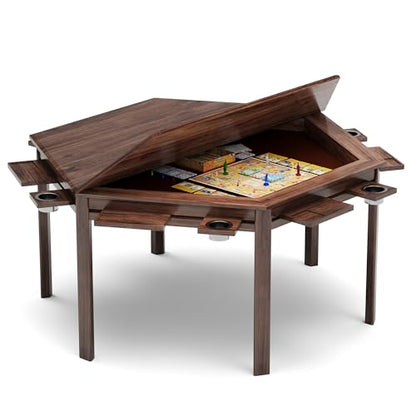 LAUSAINT HOME Board Game Table, 59" Hexagon Gaming Table with Removable Table Top & Play Mat for 6 Players, Includes Detachable Cup Holders and Trays for Dining, Card, DND, Poker in Walnut - size: Hex Table