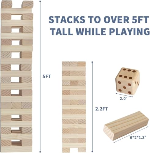 Megwoz Giant Tumble Tower Family Games for Kids and Adults 60 Blocks New Zealand Pine Wooden Blocks Stacking Up to 5 FT for Indoors Outdoors Yard Games for Family - size: L-Up to 5FT