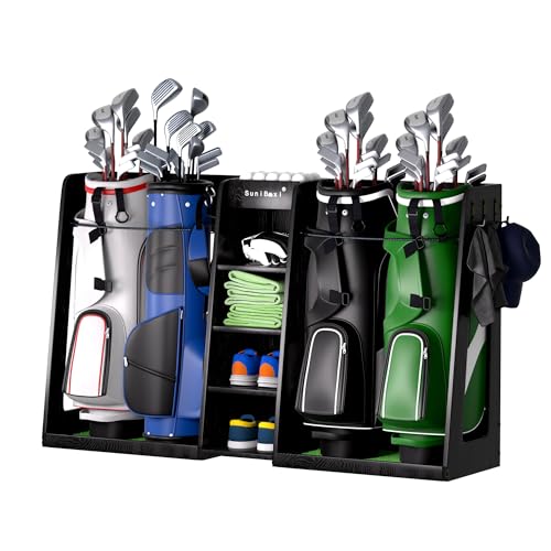 SuniBoxi Golf Organizer for Garage, XL Wooden Golf Bag Storage Rack for 4 Bags, Clubs, Balls & Equipment, Heavy-Duty Golf Bag Holder, Ideal Gift for Golfers, Dad, Husband(4 Bags,Dark Black) - size: 4 Bags