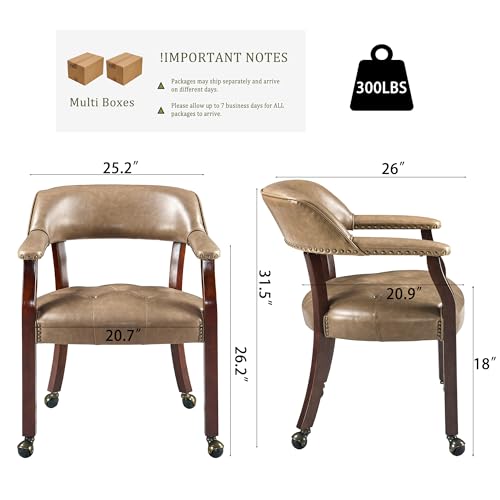 Set of 4 Dining PU Leather Chairs with Casters & Arms, Accent Kitchen Table Chairs with Wheels, Wood Captains Rolling Roller Poker Table Chair, Cherry&Yellowish Brown PU 1533PMB(NO Table!) - color: Cherry &Yellowish Brown Pu