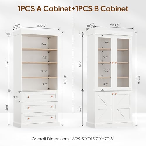 Vyre 71" Tall Farmhouse Bookshelves with Glass Doors and Drawers, Set of 2 – Large Modular Bookcase with Adjustable Shelves, Storage Cabinet for Living Room, Kitchen, White - color: White