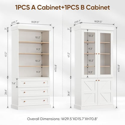 Vyre 71" Tall Farmhouse Bookshelves with Glass Doors and Drawers, Set of 2 – Large Modular Bookcase with Adjustable Shelves, Storage Cabinet for Living Room, Kitchen, White - color: White