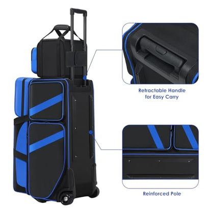 4 Ball Bowling Bags with Wheels, Bowling Ball Bag with Multi-Pockets,4 Ball Bowling Bag with Secure Buckle Fixed Ball Cup & Shoe Compartment,3 Ball Bowling Bag+1 Ball Color Matching Add On Tote - color: blue 3+1