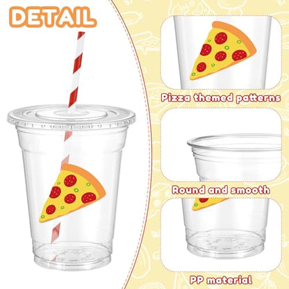 Newtay 60 Pcs 12oz Pizza Party Disposable Cups Bulk Pizza-themed Plastic Cups with Lids Straws Italian Party Favors for Birthday Baby Shower Decorations - style: Pizza