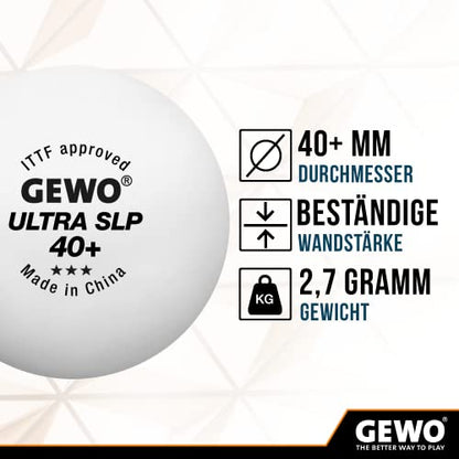 GEWO Ultra SLP Table Tennis Balls - 3 Star Table Tennis Ball Made of Plastic 40+ Without Seam - ITTF Certified Competition Balls Professional Table Tennis Balls White, 40 + mm Diameter