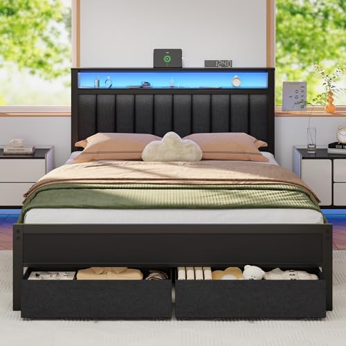 Furnulem Queen Bed Frame with Charging Station and LED Lights, Grey Upholstered Headboard with Shelves, Metal Platform Bed with 2 Under-Bed Storage (Fabric Drawer on Wheels), No Box Spring Needed - size: Queen