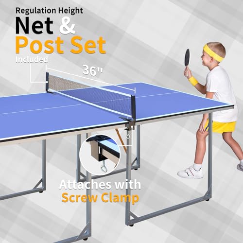 6ft Mid-Size Table Tennis Table Foldable & Portable Ping Pong Table Set for Indoor & Outdoor Games with Net, 2 Table Tennis Paddles and 3 Balls