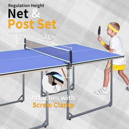 6ft Mid-Size Table Tennis Table Foldable & Portable Ping Pong Table Set for Indoor & Outdoor Games with Net, 2 Table Tennis Paddles and 3 Balls