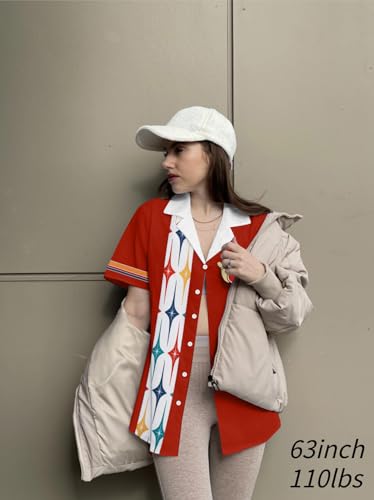 Bowling Shirts Women Hawaiian Bowling Shirt Bowling Lover Gift Tops Bowler Button Down Short Sleeve Tee - color: Red, size: Small