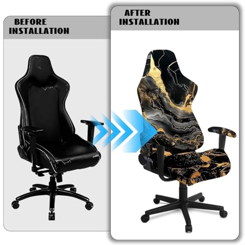 Suobstales Black Golden Marble Pattern Gaming Chair Cover with Armrest Covers, Stretchable Gaming Computer Office Chair Seat Cover Slipcovers with Zipper Universal Ergonomic Rotating Armchair Covers - color: Black Golden Marble