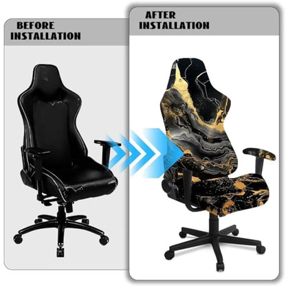 Suobstales Black Golden Marble Pattern Gaming Chair Cover with Armrest Covers, Stretchable Gaming Computer Office Chair Seat Cover Slipcovers with Zipper Universal Ergonomic Rotating Armchair Covers - color: Black Golden Marble