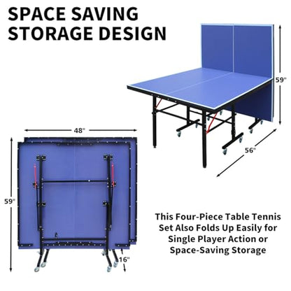 8FT Mid-Size Table Tennis Table Foldable & Portable Ping Pong Table Set, 8 Pulleys and Easy Storage, for Indoor Games with Net, 2 Table Tennis Paddles and 3 Balls