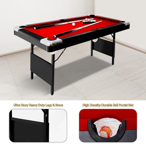 7FT Space-Saving Folding Pool Table for Adults & Kids red Felt, Complete Accessory Set, Easy to Store – Portable Billiards Table for Game Rooms and Arcades