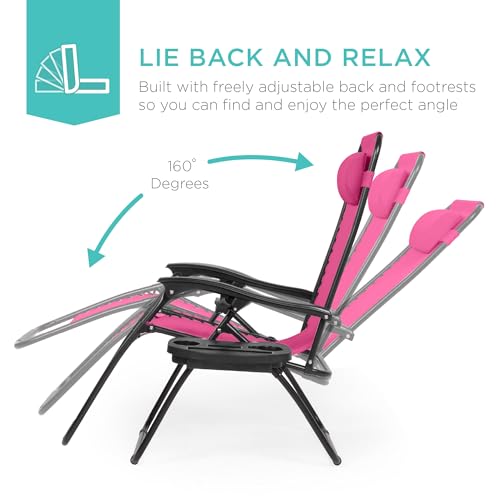 Best Choice Products Set of 2 Adjustable Steel Mesh Zero Gravity Lounge Chair Recliners w/Pillows and Cup Holder Trays - Hot Pink/Black - color: Hot Pink, size: Standard