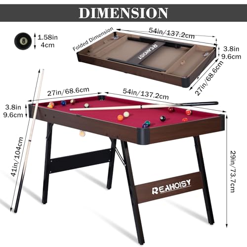 Folding Pool Table, Portable Billiard Game Tables for Kids and Adults, Mini Pool Table with Locking Legs, Adjustable Feet, Balls, Cues, Triangle, Chalk, Brush - color: 54-inch/Red
