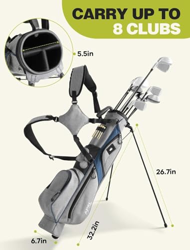 Small Golf Bag, 3 Divider Fit Up to 8 Clubs, Golf Stand Bag with Rain Cover, Durable Pitch n Putt, Lightweight Golf Club Carry Bag with Strap and Stand, Golf Bags for Men & Women - color: Gery