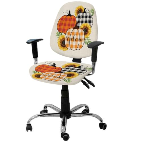 Savannan Office Chair Cover, Thanksgiving White Yellow Plaid Pumpkin Protective Stretch Elastic Universal Cover for Desk Task Chair,Computer Rotating Chair 1 Pcs Plant on Linen