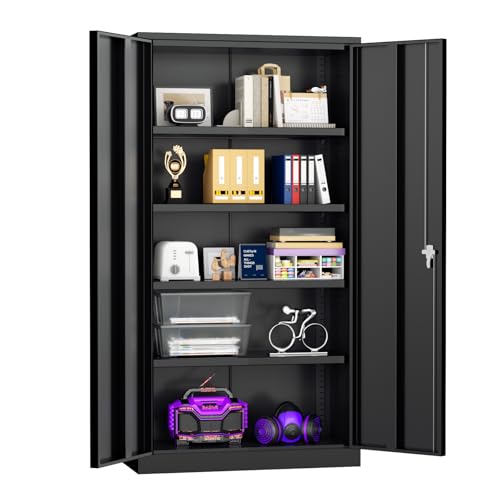 Superday Metal Storage Cabinets, 72" Storage Cabinet with Locking Door, Tall Garage Cabinet with 2 Doors and 4 Adjustable Shelves for Home Office, Classroom, Easy Assemble(Black) - color: Black, size: 72" Storage Cabinet