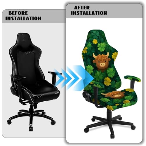Suobstales Highland Cattle Shamrock Pattern Gaming Chair Covers Slipcovers Stretch Gamer Chair Cover with Armrest Covers Waterproof Fabric Non-Slip Universal Fit Rotating Gaming Chair Protector - color: Highland Cattle Shamrock