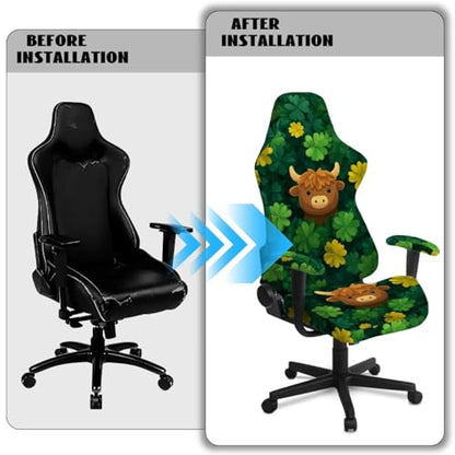 Suobstales Highland Cattle Shamrock Pattern Gaming Chair Covers Slipcovers Stretch Gamer Chair Cover with Armrest Covers Waterproof Fabric Non-Slip Universal Fit Rotating Gaming Chair Protector - color: Highland Cattle Shamrock