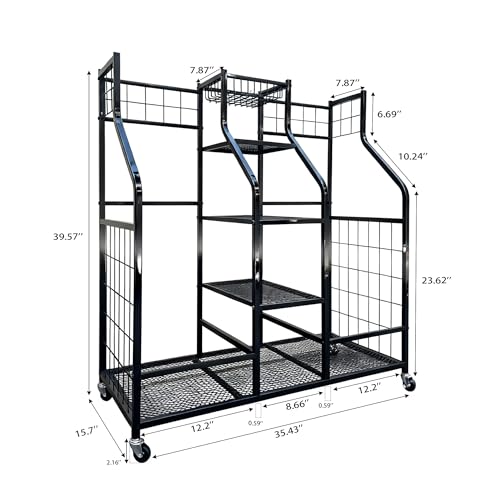Golf Bag Storage Organizer Stand with Wheels- Heavy Duty Steel Rack Holds 2 Golf Bags with Central Storage Shelf for Golf Balls, Shoes & Accessories, Space Saving Garage Golf Club Equipment Holder