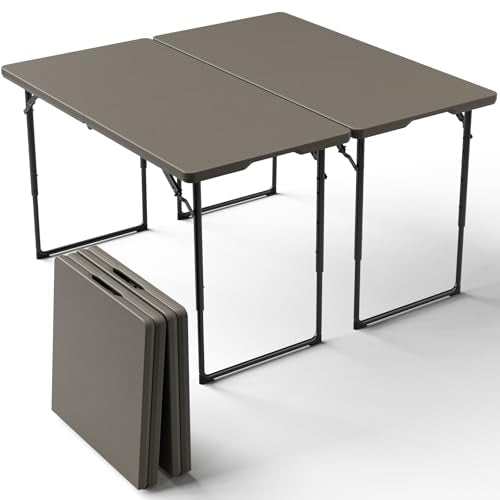 2 Pack Folding Table 4ft - Heavy Duty Fold-in-Half Plastic Table with Adjustable Height, Portable Utility Tables with Steel Legs for Indoor, Outdoor, Picnic, Camping, Dining, Party (Khaki) - color: Khaki, size: 4FT-2pack