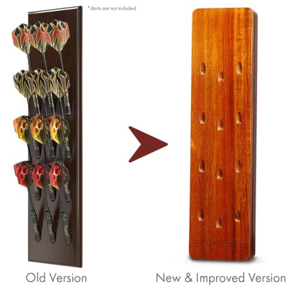 EXQUISITE Premium Craft-Handed Dark Brown Accacia Darts Holder - Wall Mounted Dart Caddy Display & Storage for 12 Soft & Steel Tip Darts, Precision Drilled, Protective Backing, Includes Mounting Kit