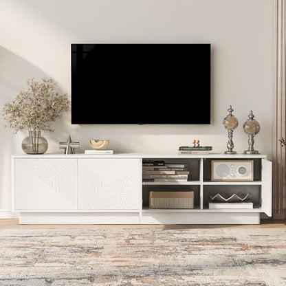 4-Door Wave Design Storage Cabinet with Adjustable Shelves and LED Accent Lighting, Wooden Display Cabinet for Living Room, Bedroom, Home Office, Space-Saving, White - color: White