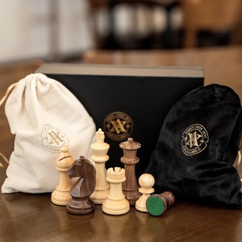 A&A Premium Triple Weighted Staunton Wooden Chess Pieces w/ 2 Extra Queen - King Height 3.75"/9.5cm / 2 Storage Bags - Natural Walnut Wood