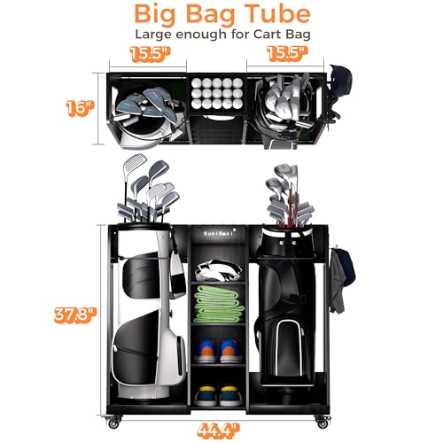 Golf Bag Organizer for 2-Bags Storage - Wooden Golf Bag Stand Rack with Wheels, Heavy Duty Space Saving Golf Club Holder, for Golfers, Husband, Father