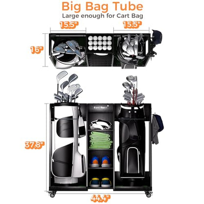 Golf Bag Organizer for 2-Bags Storage - Wooden Golf Bag Stand Rack with Wheels, Heavy Duty Space Saving Golf Club Holder, for Golfers, Husband, Father