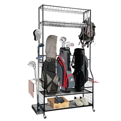SmarketBuy Golf Bag Storage Organizer for Garage – 3 Golf Bags Rack with Wheels, Heavy Duty Steel Golf Equipment Storage Stand with Club Display Shelf & 4 Hooks, 300 lbs Capacity