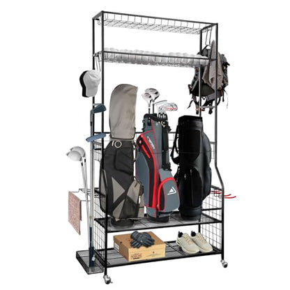 SmarketBuy Golf Bag Storage Organizer for Garage – 3 Golf Bags Rack with Wheels, Heavy Duty Steel Golf Equipment Storage Stand with Club Display Shelf & 4 Hooks, 300 lbs Capacity