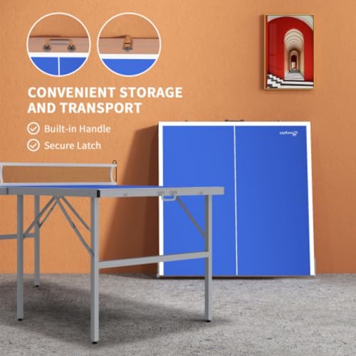 Mini Table Tennis Set, Children's Table Tennis Table, Suitable for Indoor and Outdoor Use, Foldable Table Tennis Table with Net, 2 Rackets, 3 Balls, Adjustable Feet, Easy to Assemble, Blue