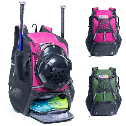 Baseball Backpack for Youth, Boys, Adults - Bat and Softball Equipment Bag With Glove Holder, Helmet, Shoes Compartment - T-Ball Accessories and Baseball Gifts - color: Pink - 42L