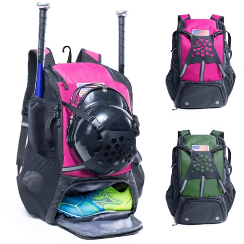 Baseball Backpack for Youth, Boys, Adults - Bat and Softball Equipment Bag With Glove Holder, Helmet, Shoes Compartment - T-Ball Accessories and Baseball Gifts - color: Pink - 42L