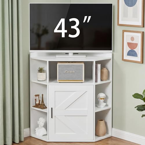 VECELO Corner Storage Cabinet with Charging Station, 34" Shelf with Door & Adjustable Shelves, Organizer for Living Room, Office & Gaming Setup, Fits Monitors up to 43" TV, White - color: White