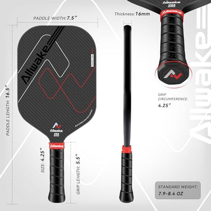 Pickleball Paddles, 3K Raw Carbon Fiber Pickleball Paddle, Thermoformed Pickle Ball Rackets for Power & Spin, 16mm Polypropylene Honeycomb Core, Textured Carbon Grit Surface
