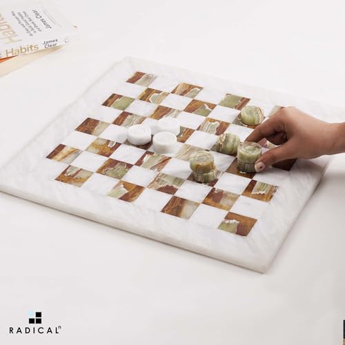 Radicaln Marble Checkers Set 15" Inches White and Green Onyx Handmade Checker Board Game & Draughts Pieces for Outdoor Travel Games, Ideal Stone Chess and Checker Board Games for Adults - color: White and Onyx