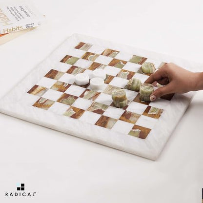 Radicaln Marble Checkers Set 15" Inches White and Green Onyx Handmade Checker Board Game & Draughts Pieces for Outdoor Travel Games, Ideal Stone Chess and Checker Board Games for Adults - color: White and Onyx