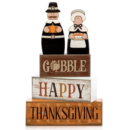 Lineshading 4 Pcs Fall Decoration for Home Wooden Pilgrim Couple Decor Thanksgiving Tiered Tray Decor Fall Centerpiece Rustic Decorative Pilgrim Block Sign Gift Farmhouse for Kitchen - style: Classic Pilgrim