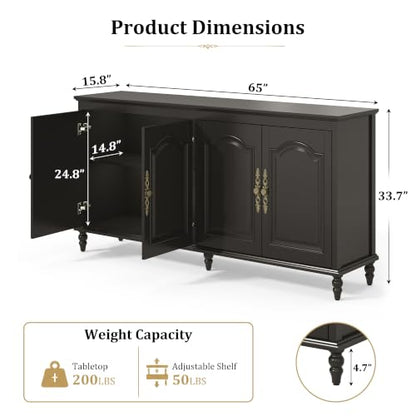 Hlivelood 65" Buffet Cabinet with Storage, Mid Century Modern Sideboard with Adjustable Shelves, Paint Cabinet, Wood Carving Design, Brass Carved Handles & Solid Wood Gourd Legs, Classic Black - color: Classic Black