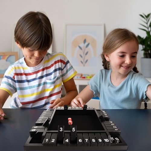 GSE Games & Sports Expert 1-4 Player Wooden Shut The Box Dice Board Game with 8 Dice. 4-Way 10 Numbered Shut The Box Set of Popular English Pub Board Game - Black - color: Black Stained Wood
