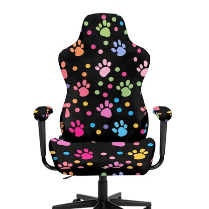 Stretchable Office Chair Covers with Armrest Covers Colorful Paw Prints Gaming Chair Cover Cat Scratch Proof Spandex Rotating Boss Chair Slipcovers Easy to Install with Long Zipper - color: Colorful Paw Prints