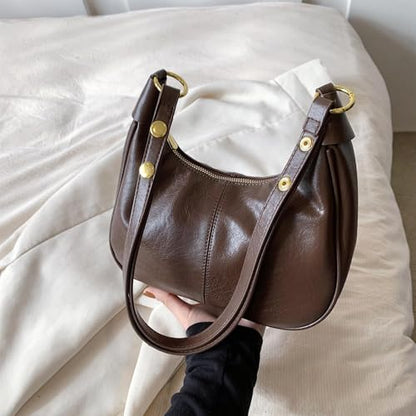 Shoulder Bags for Women Small Hobo Bags Crescent Shaped Cute Retro Tote Handbag Mini Clutch Purse with Zipper Closure - color: Brown Vegan Leather