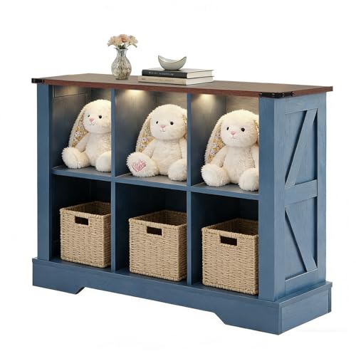 6 Cube Storage Organizer with LED Lights, Wooden Cube Bookcase with Back Panel, Blue Cube Shelf Freestanding Bookshelf, Hallway TV Stand for Living Room, Bedroom, Office - color: Blue, size: 6-cube