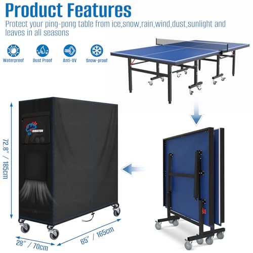 SIRUITON Ping Pong Table Cover,520D Outdoor Table Tennis Table Covers,All Weather Protection,Waterproof Sunproof Indoor & Outdoor,Black 65"L x 28"W x 72.8"H - size: 65"Lx27.6"Wx72.8"H_520D