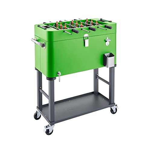 TRINITY 80 Quart Beverage Cooler and Ice Chest with Foosball Table Top and Bottle Opener, Rolling Cart with Storage Shelf, Detachable Tub Design, 96 Can Capacity, Includes Protective Cover - color: Electric Green